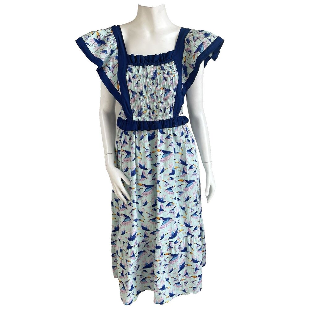 Briton Court Smocked Tie Back Toucan Print Midi Dress S Tropical Resort Sundress